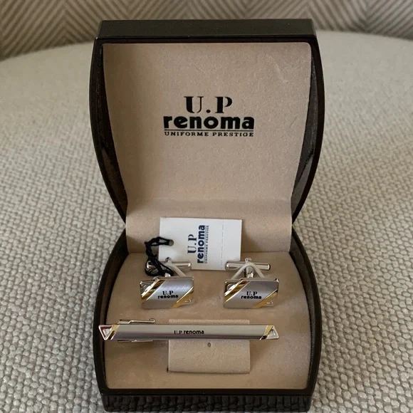 U.P. RENOMA Silvertone Cufflinks and Tie Clip Set